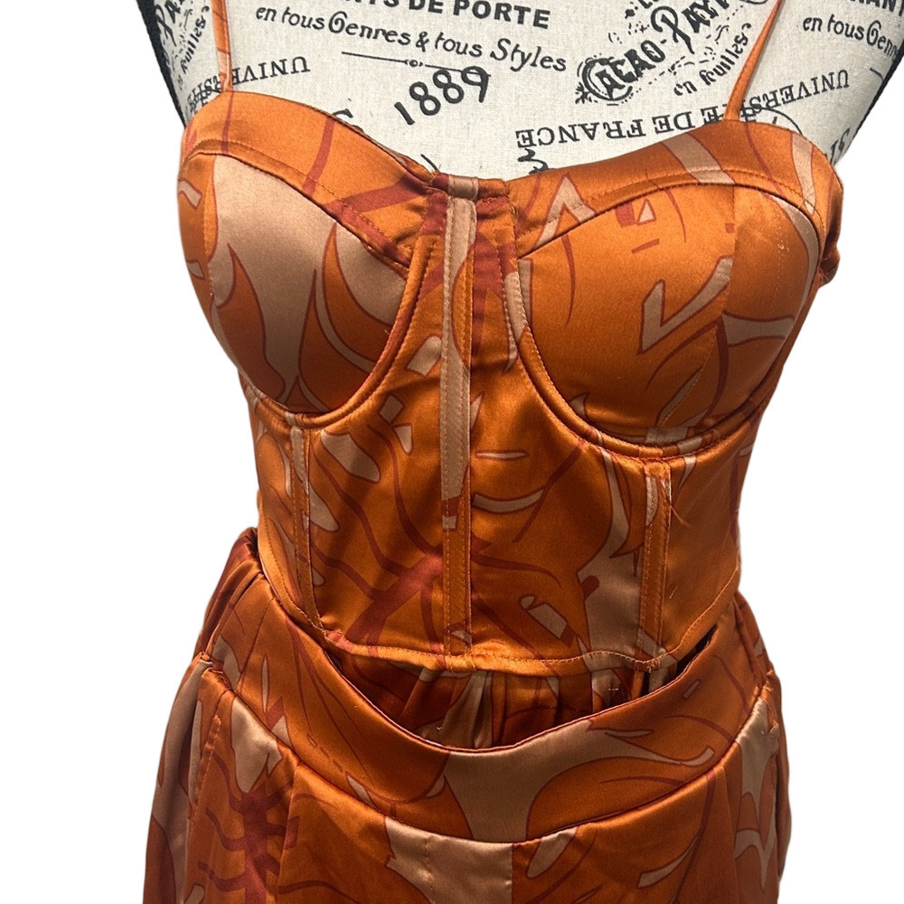 Rachel Zoe Satin Corset Top Wide Leg Pants Set NWT S Burnt Orange - Picture 4 of 12